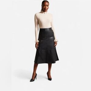 Ted Baker London Black Leather Panel A-Line Style High Waisted Midi Skirt